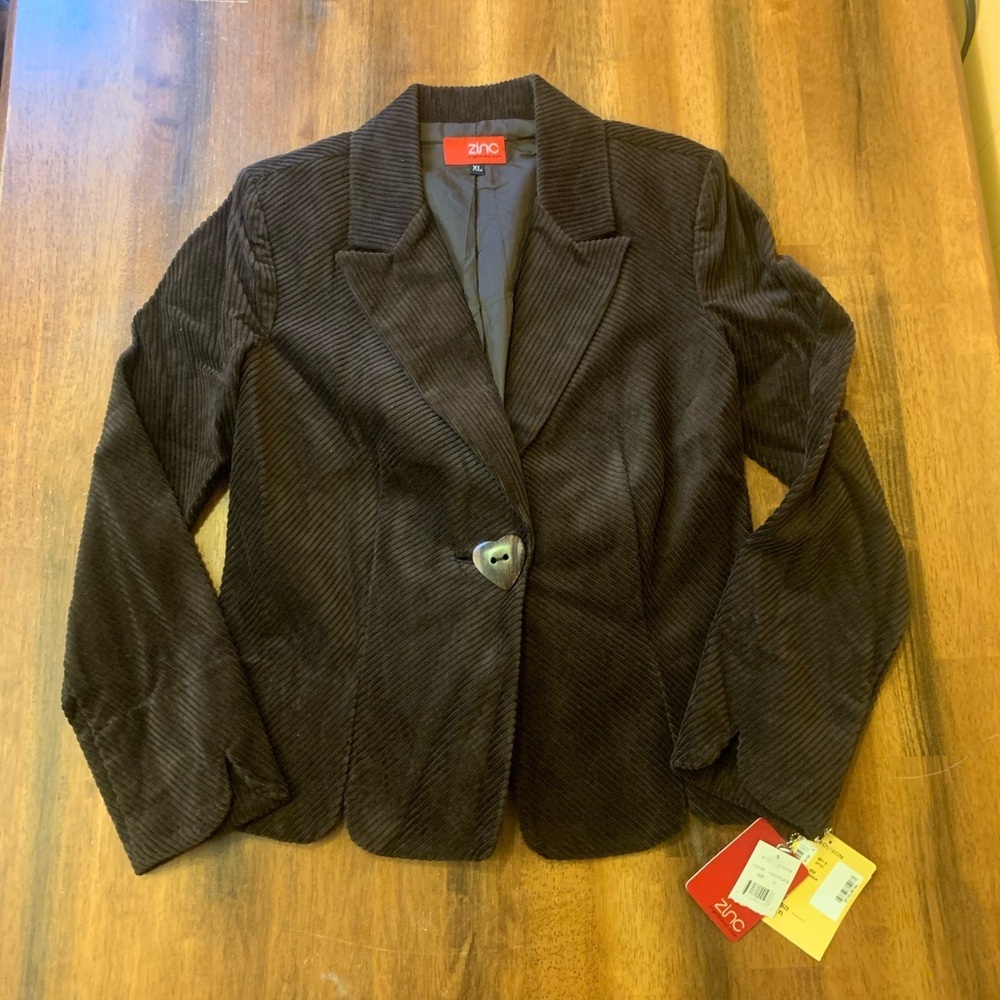 Zinc NWT Blazer XL Dark Brown Corduroy Brown Wooden Heart Button Notched Lapels
